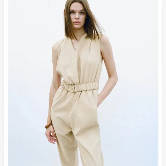 New Zara Textured Linen Blend V-Neck Sleeveless Belted Tan Jumpsuit NWT Small - Picture 6 of 15